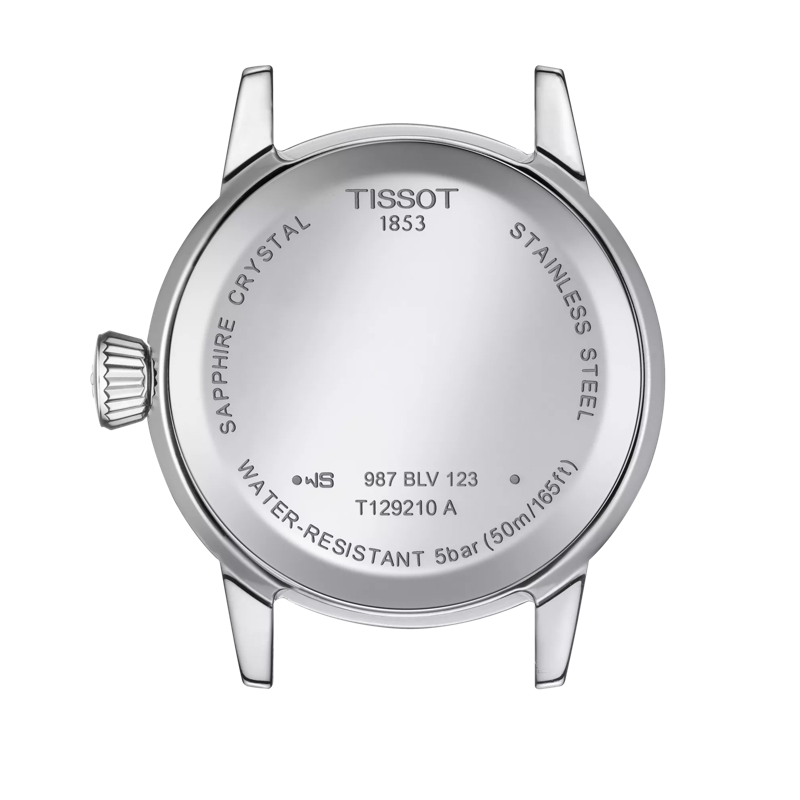 Watch back detail displaying Tissot brand, 'Sapphire Crystal', 'Stainless Steel', and water-resistance information.
