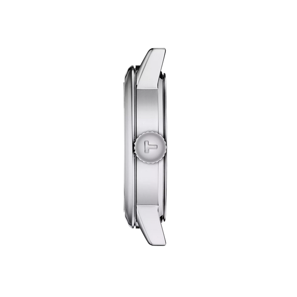 Side view of the Tissot Ladies Dream watch, showing the stainless steel case, lugs, and crown detail.
