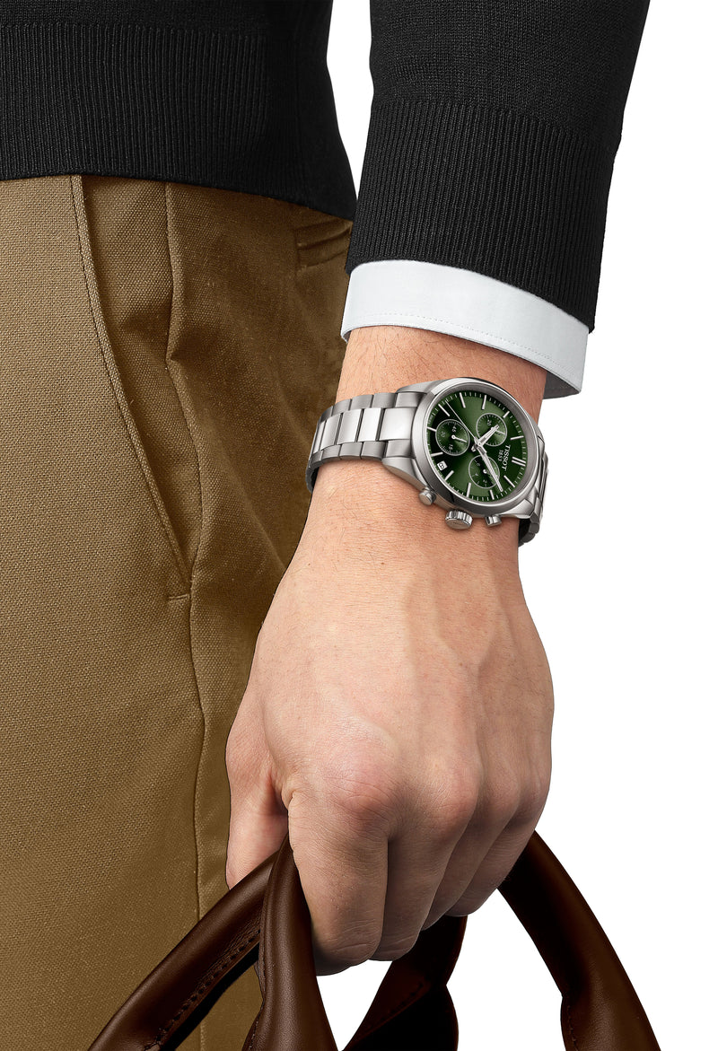 Mens Tissot PR100 Green Chronograph Dial Bracelet Watch Stainless Steel