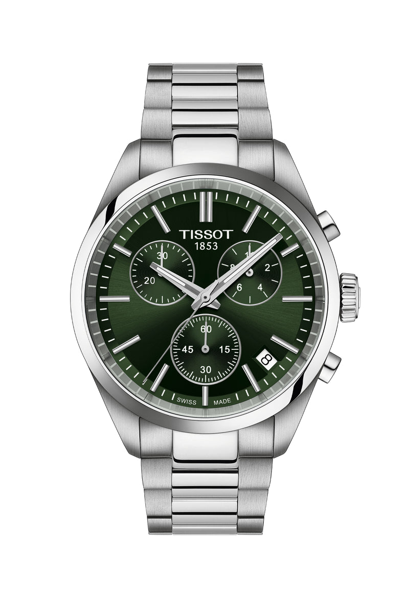 Mens Tissot PR100 Green Chronograph Dial Bracelet Watch Stainless Steel