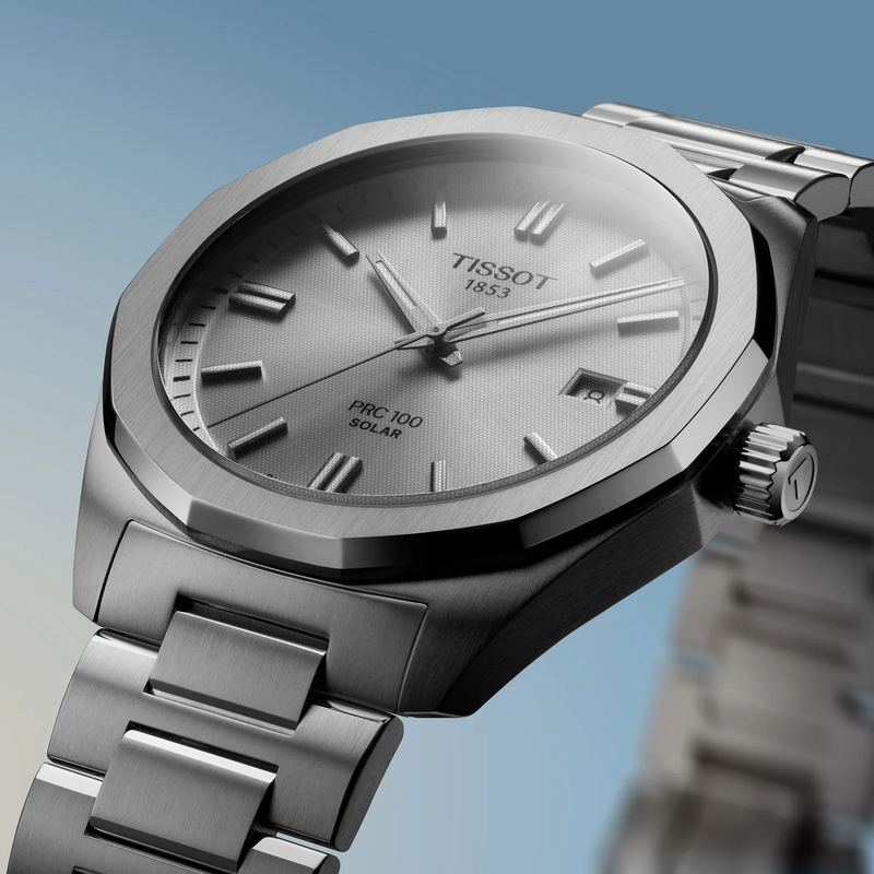 Tissot PRC100 Solar Quartz Silver Dial Bracelet Watch