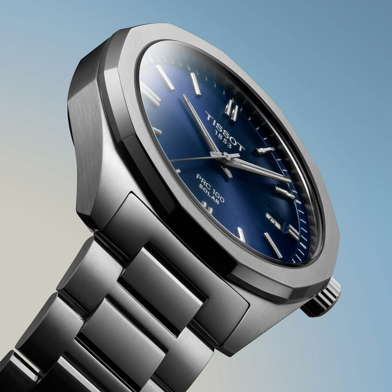 The men's Tissot PRC100 Solar Quartz, a blue dial stainless steel watch from Tissot, available at OD’s Jewellers in St Helens