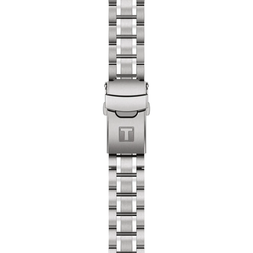 Close-up of the Tissot Seastar 1000 watch bracelet, highlighting the stainless steel band and Tissot-branded folding clasp.