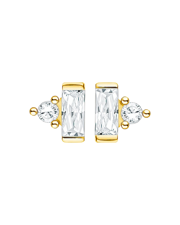 Gold plated Thomas Sabo stud earrings with baguette and brilliant cut stones. Elegant jewelry.
