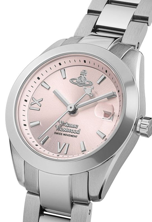 Vivienne Westwood Ladies Fenchurch Pink Dial Bracelet Watch, pink stainless steel bracelet watch from Vivienne Westwood, OD’s Jewellers St Helens.
