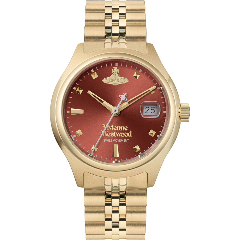 The Vivienne Westwood Ladies Little Camberwell rust dial watch, gold plated steel, available at OD’s Jewellers St Helens