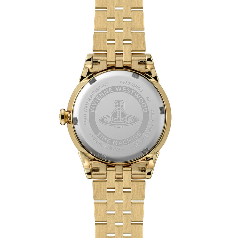 Watch back featuring the Vivienne Westwood logo, brand name, "VV327GRGD," and details like "5ATM Water Resistant" and "All