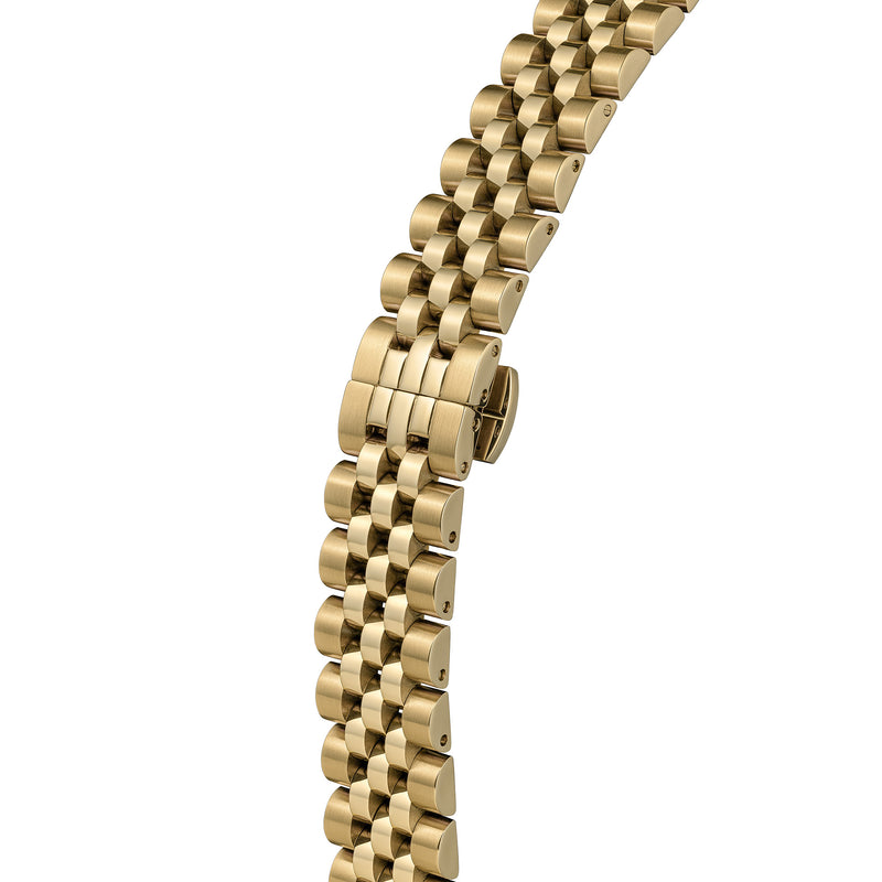 Close-up of the gold-plated jubilee bracelet on the Vivienne Westwood Wallace watch, showcasing the band's design.