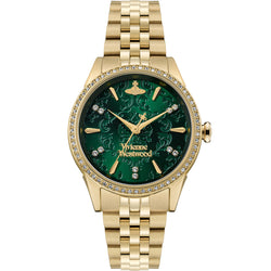 Close-up of the Vivienne Westwood Wallace gold watch with a green dial. Intricate details and gold accents showcase the