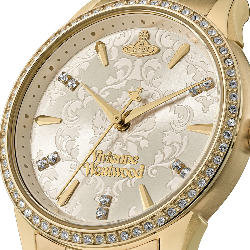 Close-up of the Vivienne Westwood Wallace watch, showcasing the gold-plated design, ivory dial, and signature logo.