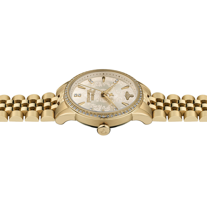 Close-up of the Vivienne Westwood Wallace gold watch showcasing the ivory patterned dial and crystal embellishments.