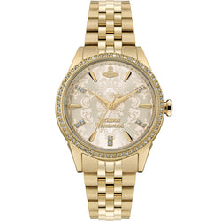Close-up view of the gold Vivienne Westwood watch with an ivory patterned dial and crystal-set bezel.