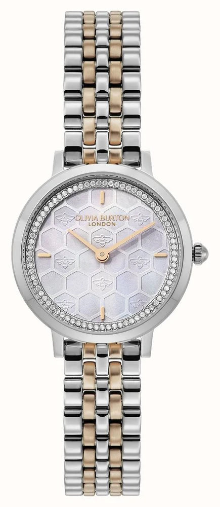 Ladies Olivia Burton Honeycomb Ultra Slim Dove Grey Dial Bracelet Watch Two Tone