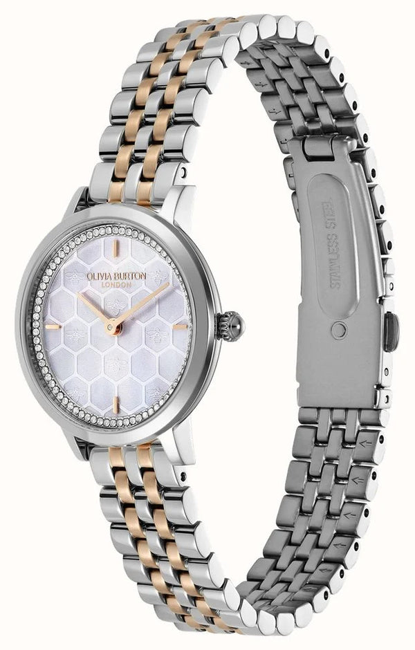 Ladies Olivia Burton Honeycomb Ultra Slim Dove Grey Dial Bracelet Watch Two Tone