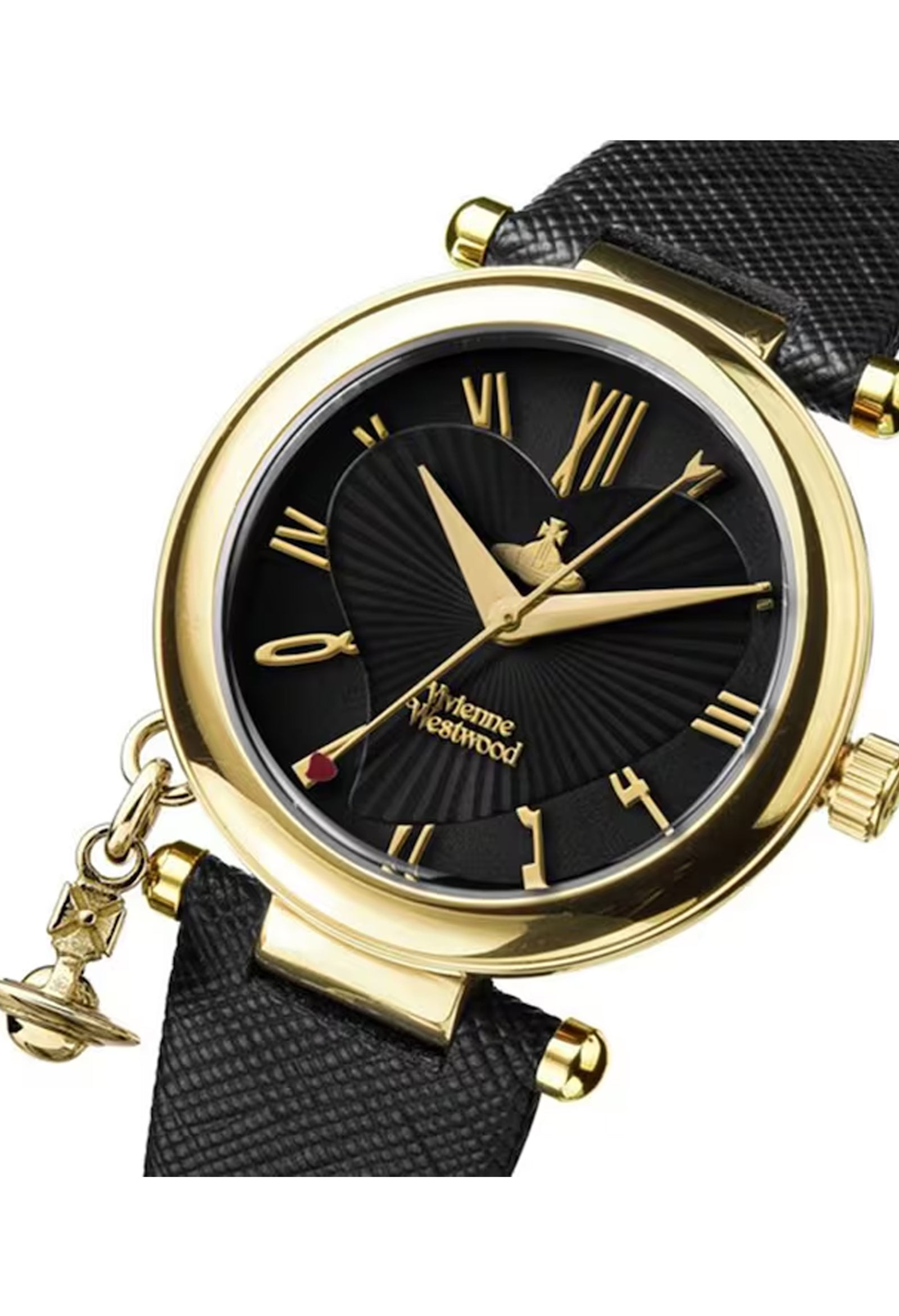 時計 Vivienne Westwood Ladies Watch Gold Orb Vivienne Westwood Ladies Orb Black Heart Dial Strap Watch VV006GDBLK