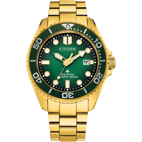 Citizen Mens Gold Plated Promaster Diver Green Dial Bracelet Watch BN0262-59W