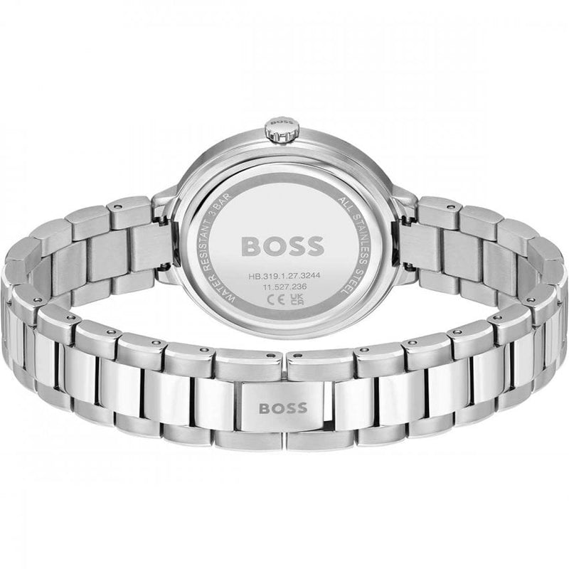 Close-up detail of the back of the Boss Ladies Sena watch revealing the stainless steel case, bracelet, and model