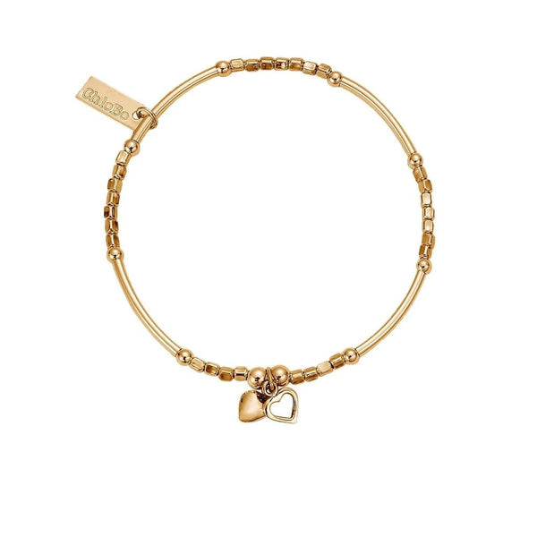 ChloBo Silver Gold Plated ,Mini Noodle Cube Double Heart Bracelet GBMNC1068