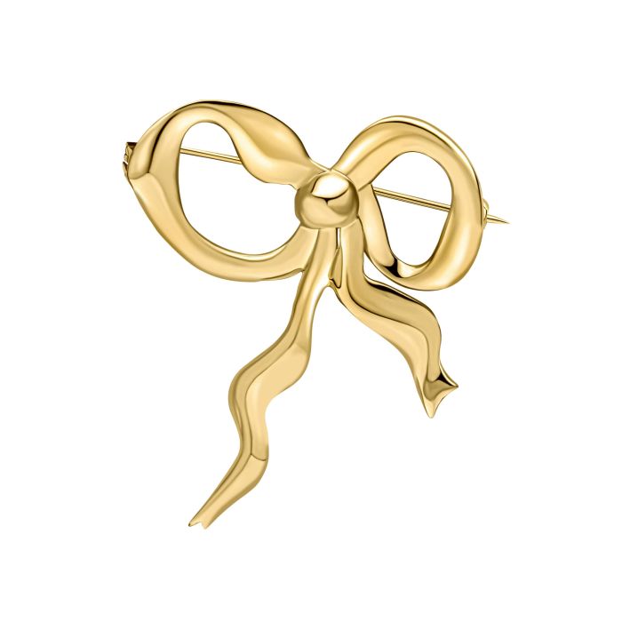 Close-up of the Laura Ashley gold plated ribbon bow brooch; a stylish statement jewelry piece.