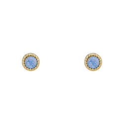Close-up of Laura Ashley earrings featuring a blue crystal stud in a gold-plated setting. Classic design.