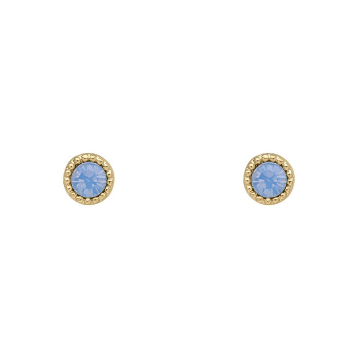 Close-up of Laura Ashley earrings featuring a blue crystal stud in a gold-plated setting. Classic design.
