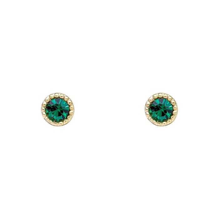 Close-up of Laura Ashley gold-plated stud earrings featuring round-cut green crystals. Fine jewelry detail.