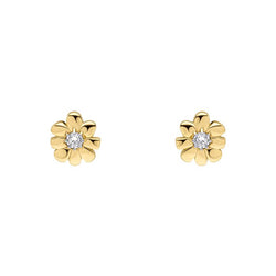 Close-up showcasing Laura Ashley gold-plated Cosmos flower stud earrings with diamond center. Delicate floral jewelry detail.