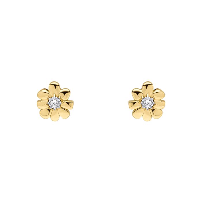 Close-up showcasing Laura Ashley gold-plated Cosmos flower stud earrings with diamond center. Delicate floral jewelry detail.
