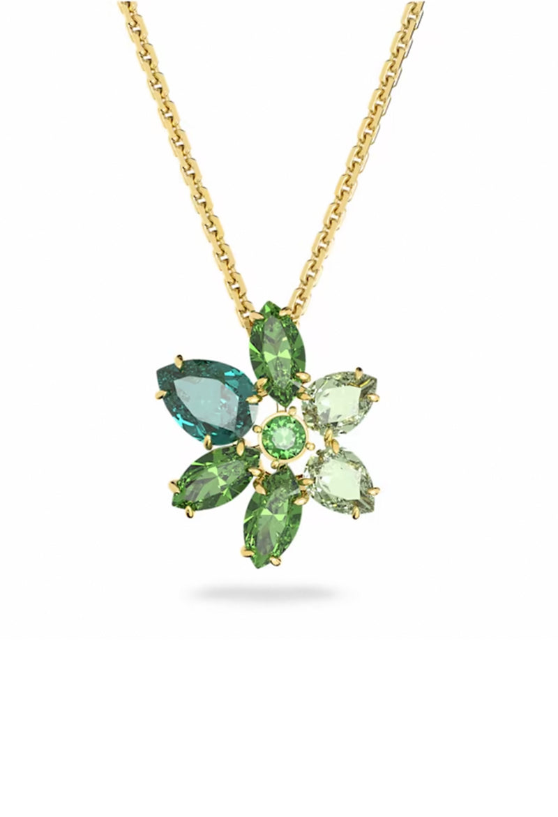 Swarovski Gema: Mixed Cuts Green Flower Pendant Gold Plated