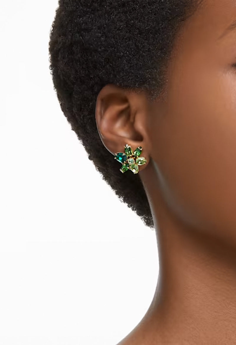 Swarovski Gema: Mixed Cuts Green Flower Earrings Gold Plated