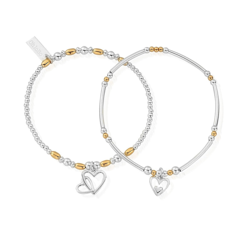 ChloBo Double Devotion bracelets. Sterling silver and gold beads, heart charm, signifies a strong bond.