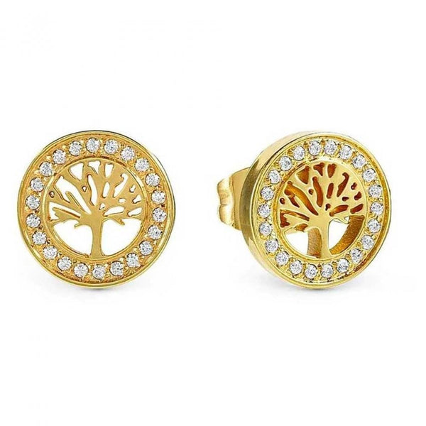 Gold stud earrings featuring a "Tree of Life" design encircled by clear stones. Nomination Soffio D Amore jewelry.
