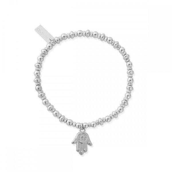 The ChloBo Didi Sparkle Hamsa Hand Bracelet, a silver metal bracelet from ChloBo, available at OD’s Jewellers in St Helens.