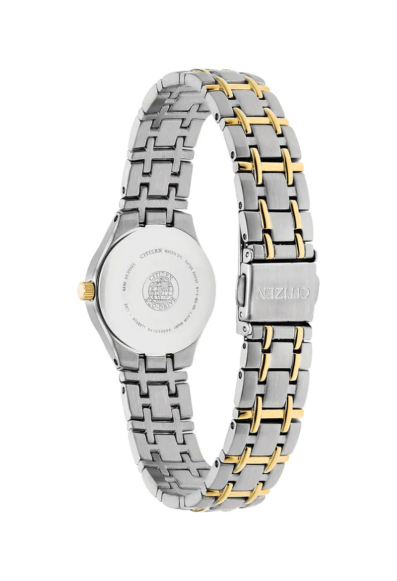 The Citizen Ladies Eco-Drive Silhouette watch, silver and gold stainless steel bracelet, from Citizen, at OD’s Jewellers in St Helens.