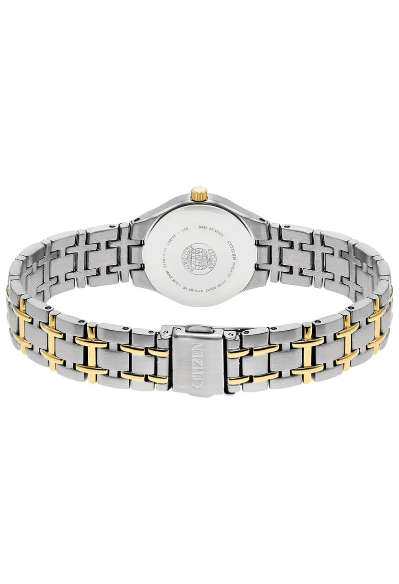 The Citizen Ladies Eco-Drive Silhouette White Date Dial Bracelet Watch, two-tone silver-gold steel bracelet from Citizen, OD's Jewellers, St Helens.