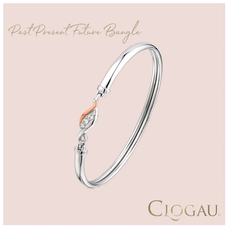 The Clogau Past Present Future Bangle with White Topaz in Sterling Silver, a silver bracelet from Clogau, at OD’s Jewellers in St Helens.