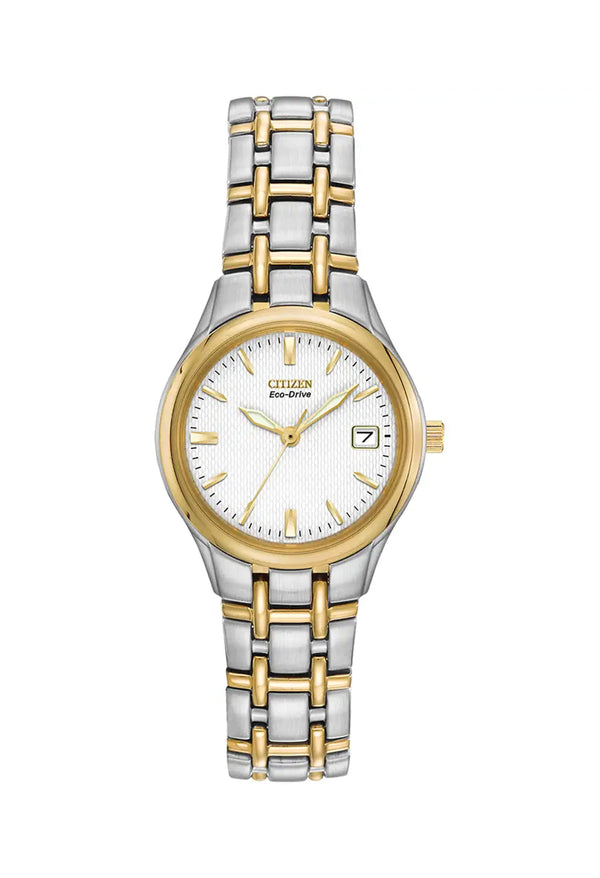 Citizen Ladies Eco-Drive Silhouette White Date Dial Bracelet Watch, two-tone stainless steel bracelet from Citizen, OD’s Jewellers in St Helens