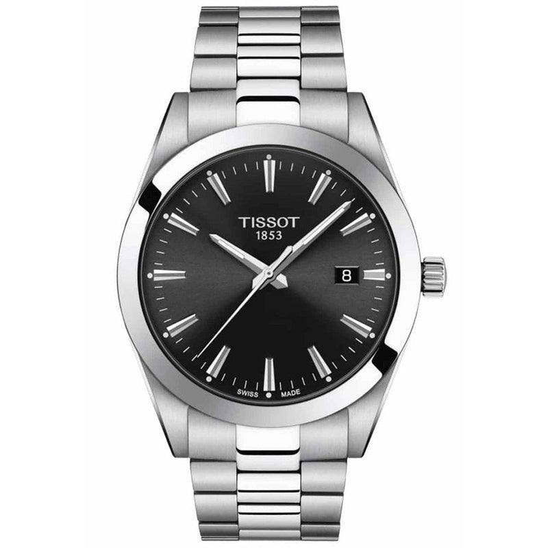 Tissot Gentleman watch showcasing the sleek black dial and stainless steel bracelet, displaying timeless Swiss craftsmanship.