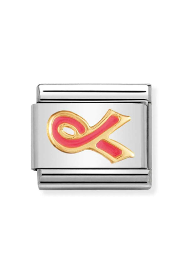 The Nomination Composable Classic Daily Life Link Pink Ribbon in Gold, a pink enamel gold charm from Nomination Italy, at OD’s Jewellers, St Helens.