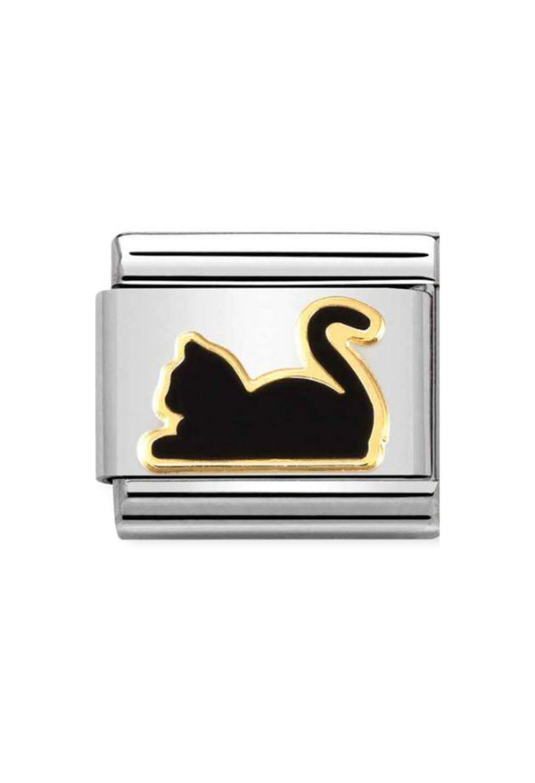 Nomination Composable Classic SYMBOLS BLACK CAT LYING DOWN in Steel, Enamel and 18k Gold