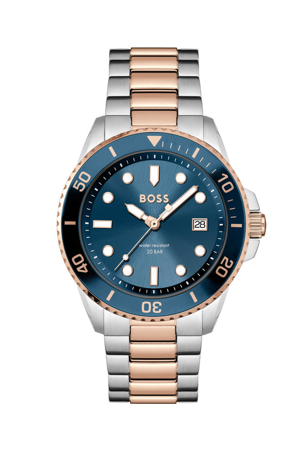 BOSS Gents Ace Blue Dial Stainless Steel Rose Gold Plated Bracelet Watch