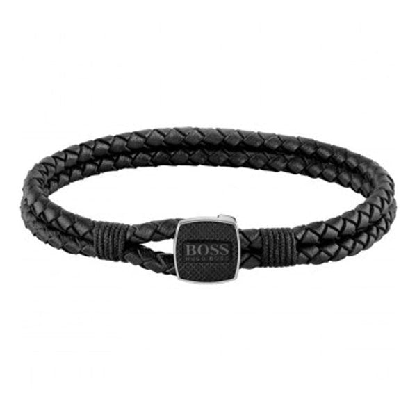 BOSS Gents Seal Black Leather Bracelet