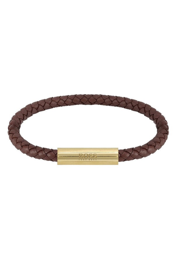 BOSS Gents Brown Braided Leather Bracelet