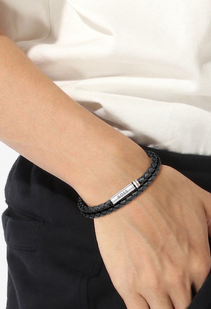 The BOSS Mens Ares Black Double Wrap Stainless Steel Bracelet, a black stainless steel bracelet from BOSS, available at OD’s Jewellers in St Helens.