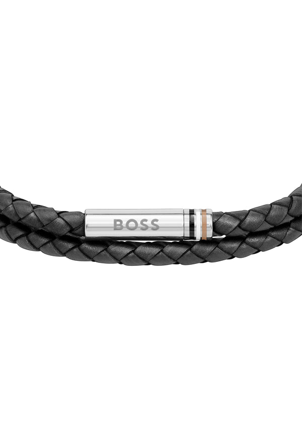 BOSS Gents Ares Black Double Wrap Stainless Steel Bracelet