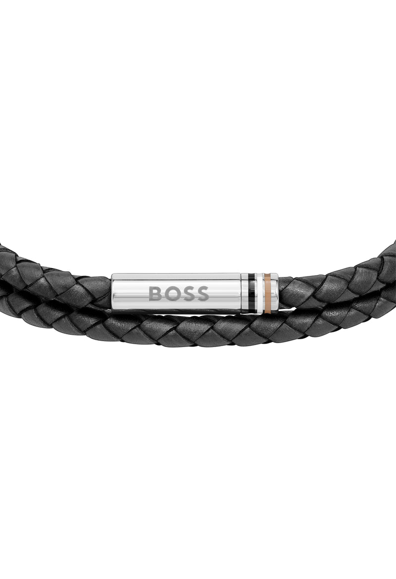 The BOSS Mens Ares Black Double Wrap Stainless Steel Bracelet, a black bracelet from BOSS, OD’s Jewellers in St Helens.