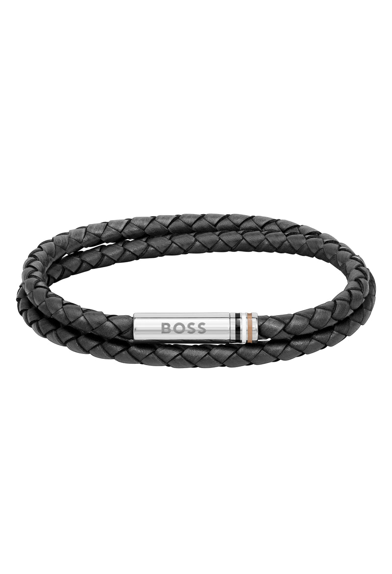 The BOSS Mens Ares Black Double Wrap Stainless Steel Bracelet, a black stainless steel bracelet from BOSS, at OD’s Jewellers in St Helens.