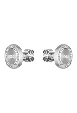 Close-up of BOSS stainless steel stud earrings for ladies with crystal embellishments. Jewelry detail.