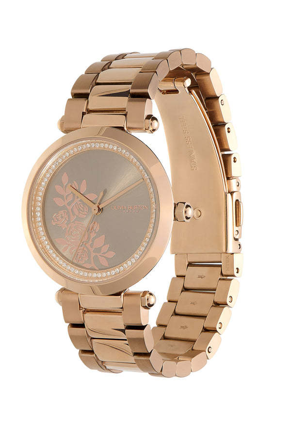 Olivia Burton Ladies TBar Floral Rose Gold Plated Bracelet Watch
