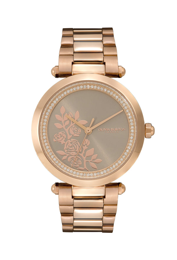 Olivia Burton Ladies TBar Floral Rose Gold Plated Bracelet Watch